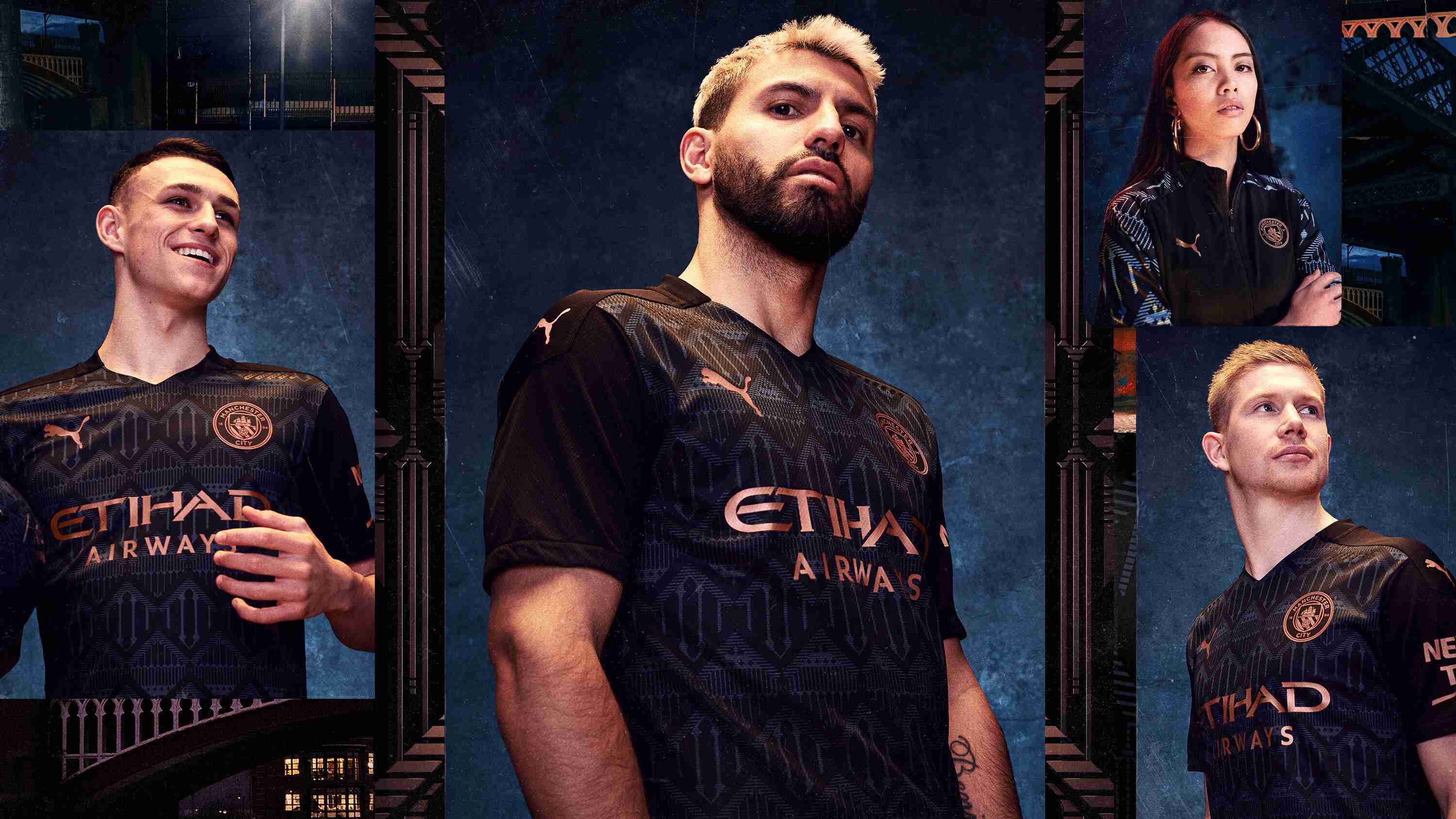 曼城发布2020/21赛季客场球衣：主体黑色深蓝，辅以铜色