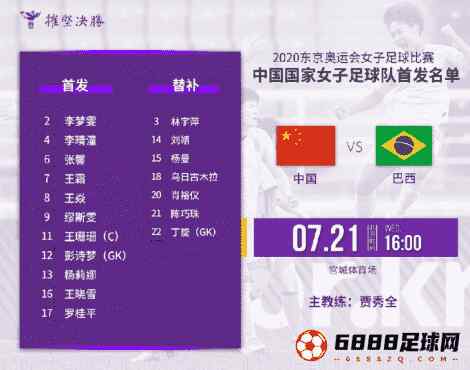巴西vs中国女足首发一览：埃丽卡，拉法埃莱在内